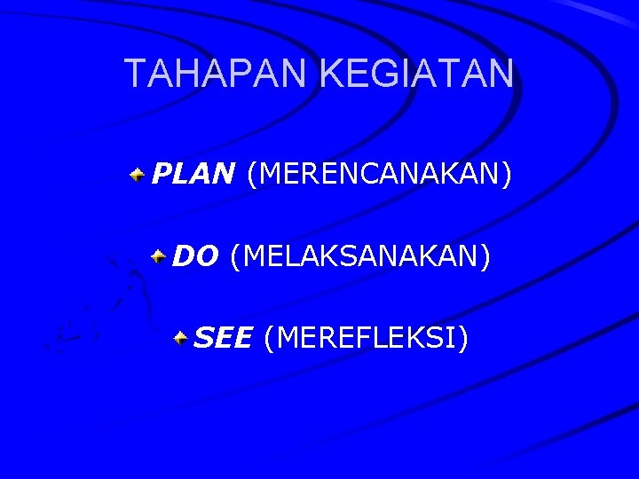 TAHAPAN KEGIATAN PLAN (MERENCANAKAN) DO (MELAKSANAKAN) SEE (MEREFLEKSI) 