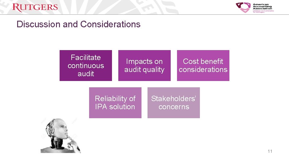 Discussion and Considerations Facilitate continuous audit Impacts on audit quality Reliability of IPA solution