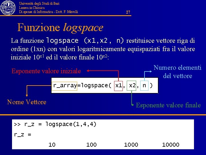 Università degli Studi di Bari Laurea in Chimica Di spense di Informatica - Dott.