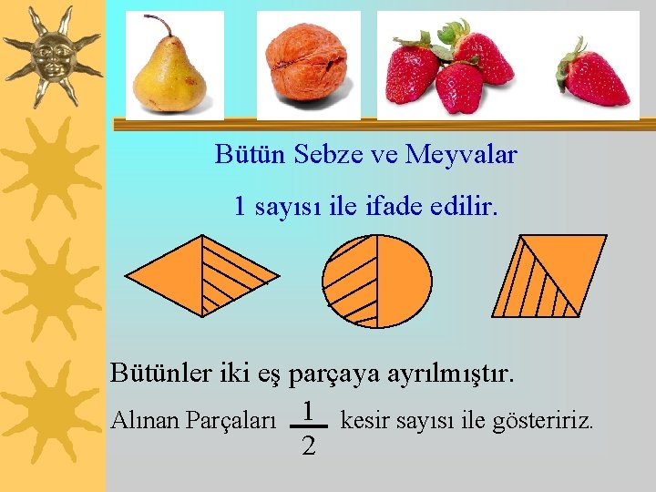 Bütün Sebze ve Meyvalar 1 sayısı ile ifade edilir. Bütünler iki eş parçaya ayrılmıştır.