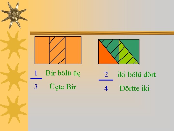 1 Bir bölü üç 2 iki bölü dört 3 4 Dörtte iki Üçte Bir