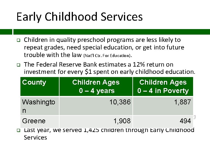 Early Childhood Services q q Children in quality preschool programs are less likely to