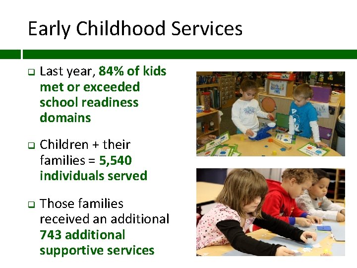 Early Childhood Services q q q Last year, 84% of kids met or exceeded