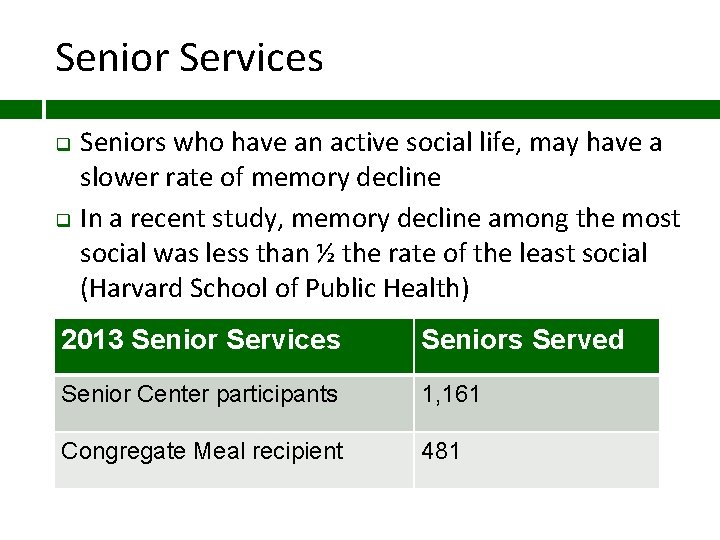 Senior Services q q Seniors who have an active social life, may have a