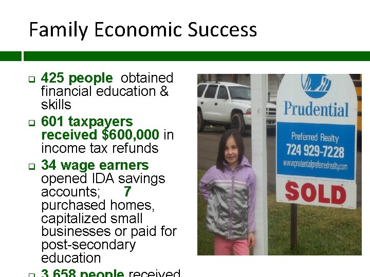 Family Economic Success q q q 425 people obtained financial education & skills 601
