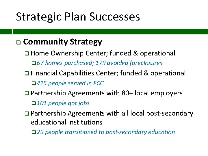 Strategic Plan Successes q Community Strategy q Home Ownership Center; funded & operational q