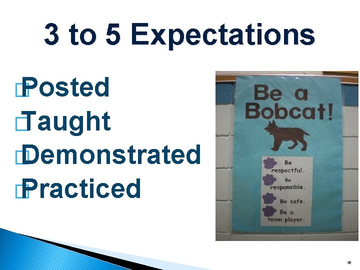 3 to 5 Expectations � Posted � Taught � Demonstrated � Practiced 15 