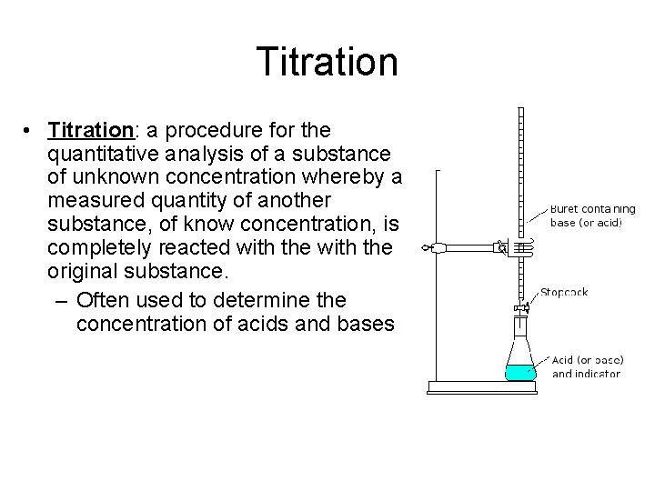 Titration • Titration: a procedure for the quantitative analysis of a substance of unknown