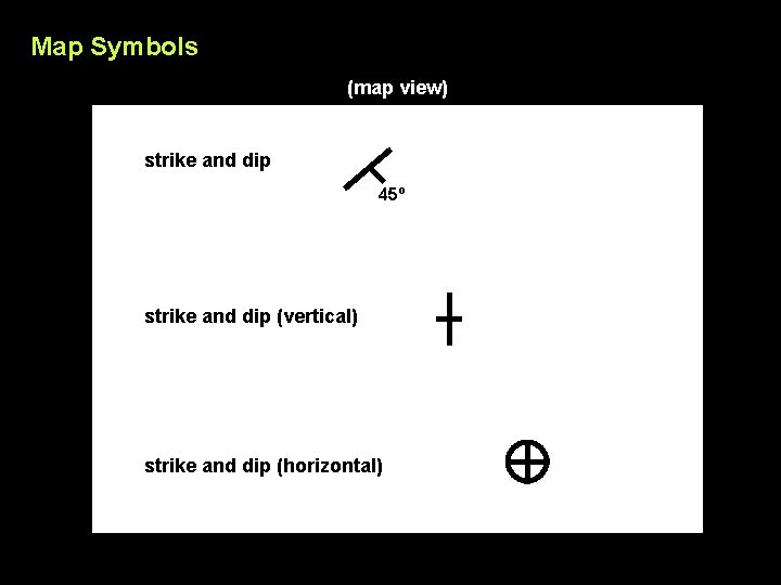 Map Symbols (map view) strike and dip 45º strike and dip (vertical) strike and