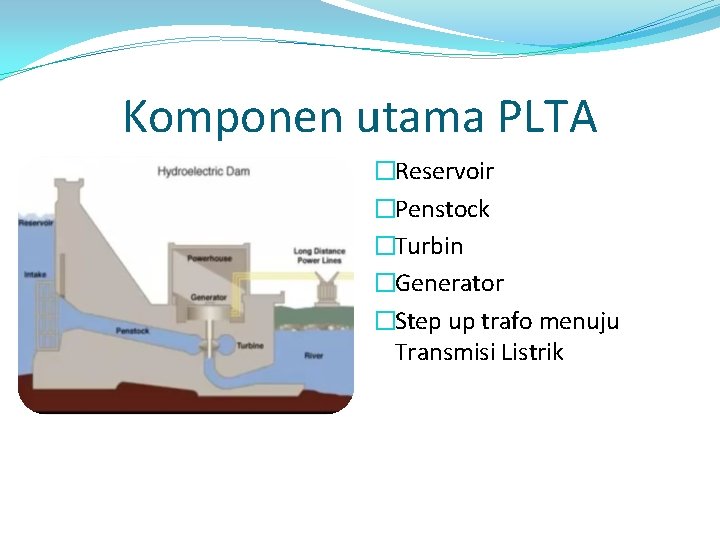 Komponen utama PLTA �Reservoir �Penstock �Turbin �Generator �Step up trafo menuju Transmisi Listrik 