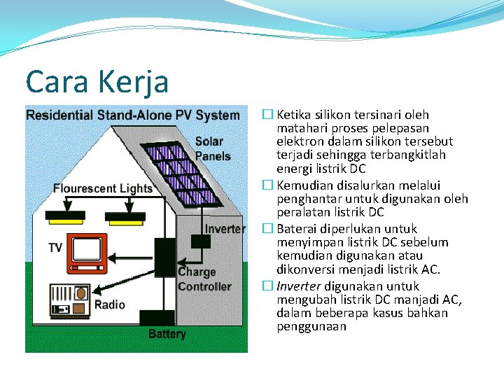 Cara Kerja � Ketika silikon tersinari oleh matahari proses pelepasan elektron dalam silikon tersebut