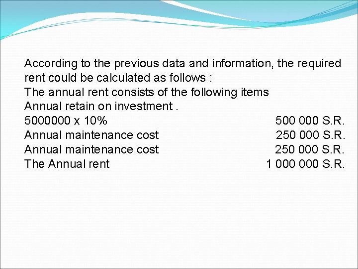 According to the previous data and information, the required rent could be calculated as