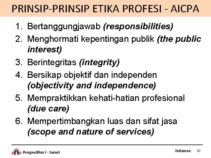 PRINSIP-PRINSIP ETIKA PROFESI - AICPA 1. Bertanggungjawab (responsibilities) 2. Menghormati kepentingan publik (the public