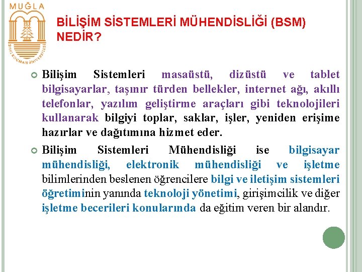 BİLİŞİM SİSTEMLERİ MÜHENDİSLİĞİ (BSM) NEDİR? Bilişim Sistemleri masaüstü, dizüstü ve tablet bilgisayarlar, taşınır türden