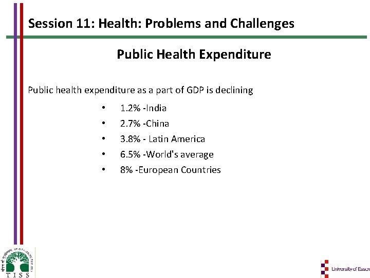 Session 11: Health: Problems and Challenges Public Health Expenditure Public health expenditure as a