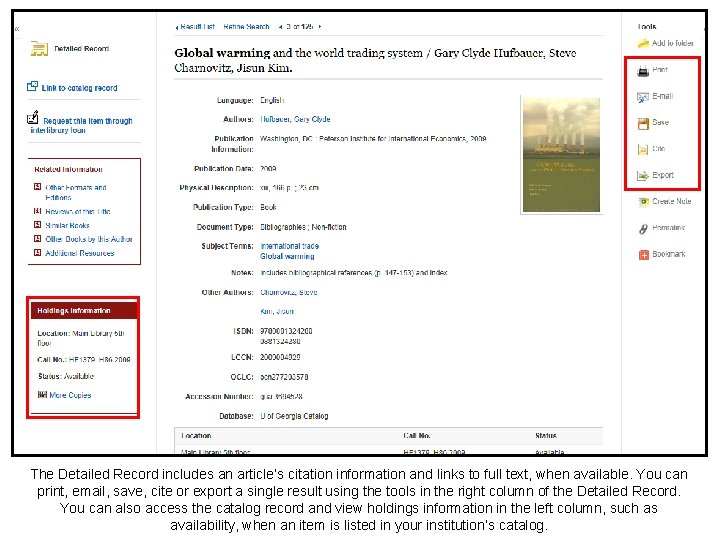 The Detailed Record includes an article’s citation information and links to full text, when