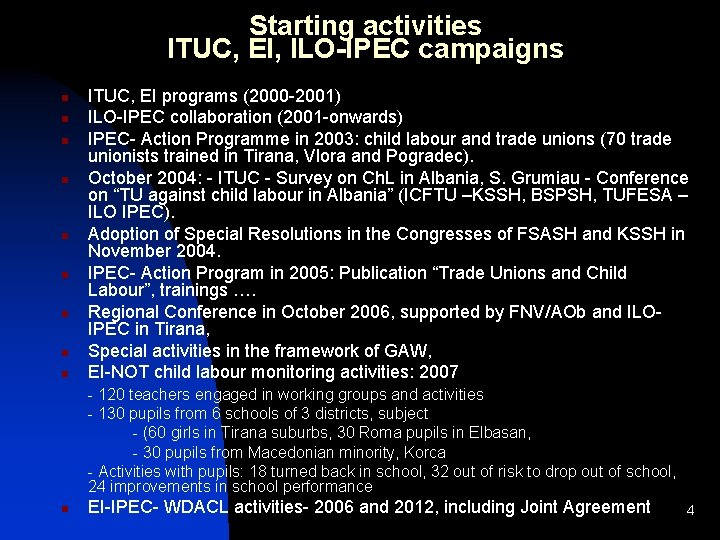 Starting activities ITUC, EI, ILO-IPEC campaigns n n n n n ITUC, EI programs