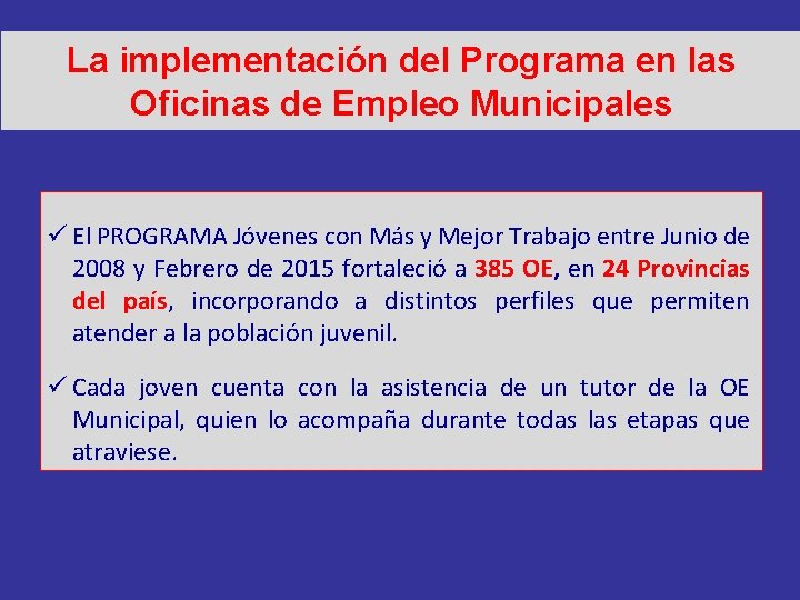 La implementación del Programa en las Oficinas de Empleo Municipales ü El PROGRAMA Jóvenes
