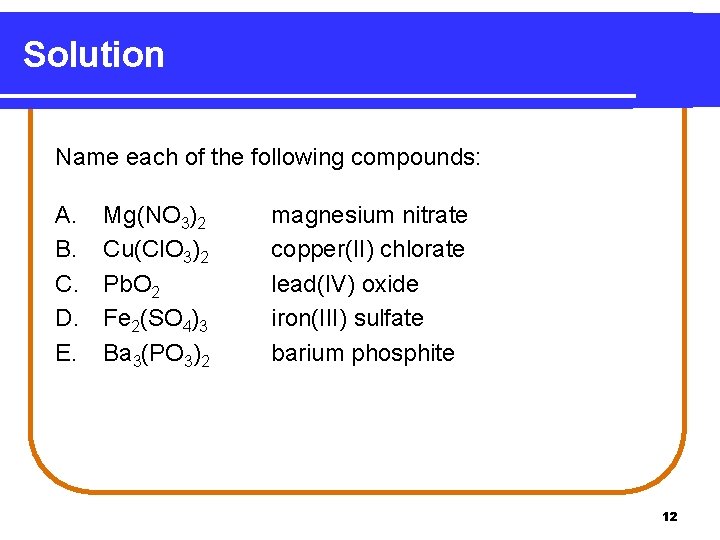 Solution Name each of the following compounds: A. B. C. D. E. Mg(NO 3)2