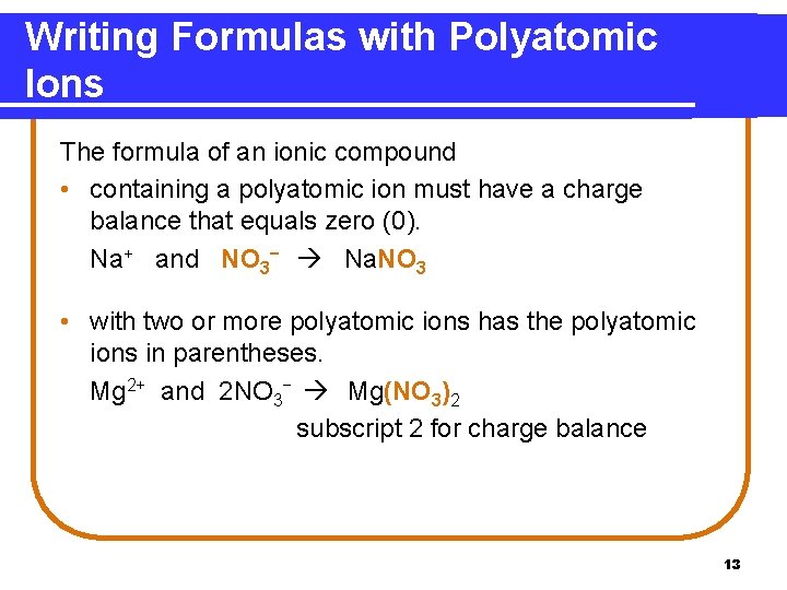 Writing Formulas with Polyatomic Ions The formula of an ionic compound • containing a