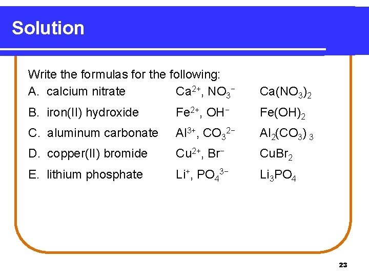 Solution Write the formulas for the following: A. calcium nitrate Ca 2+, NO 3−