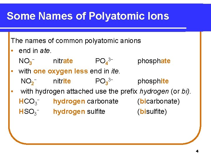 Some Names of Polyatomic Ions The names of common polyatomic anions • end in