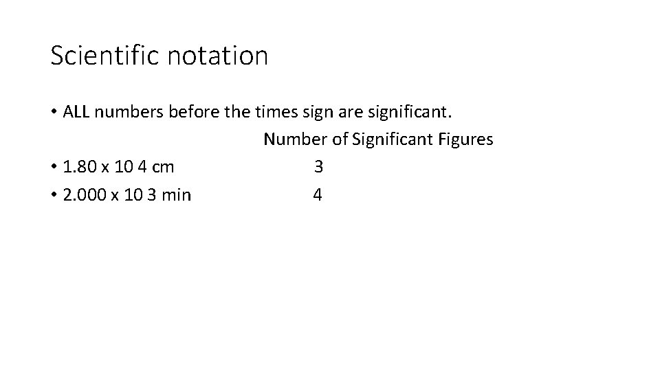 Scientific notation • ALL numbers before the times sign are significant. Number of Significant Scientific notation • ALL numbers before the times sign are significant. Number of Significant