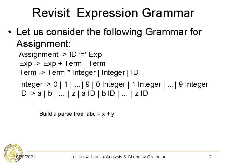 Revisit Expression Grammar • Let us consider the following Grammar for Assignment: Assignment ->