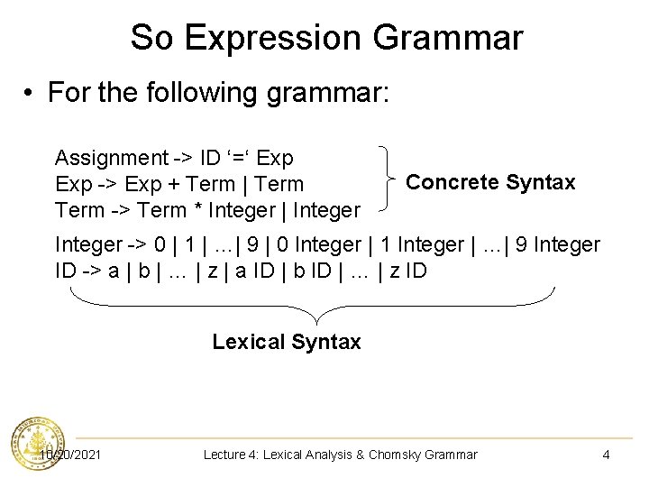 So Expression Grammar • For the following grammar: Assignment -> ID ‘=‘ Exp ->