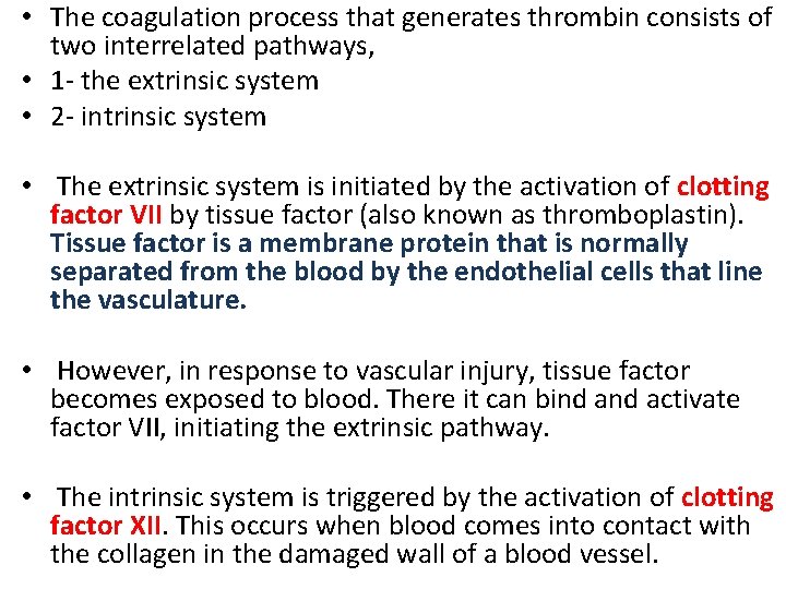  • The coagulation process that generates thrombin consists of two interrelated pathways, •