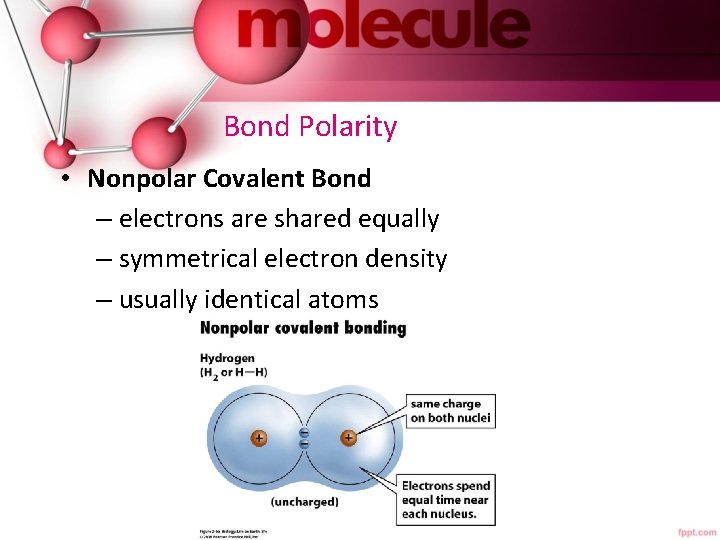 Bond Polarity • Nonpolar Covalent Bond – electrons are shared equally – symmetrical electron