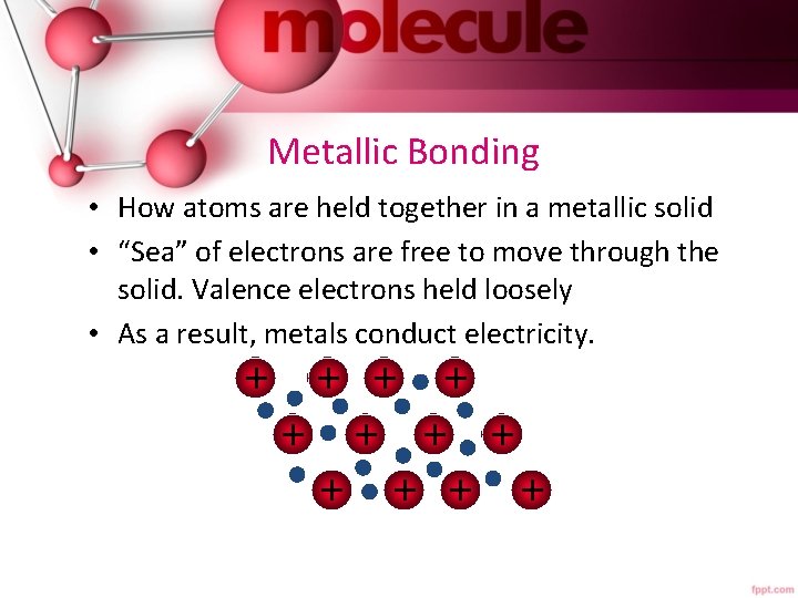 Metallic Bonding • How atoms are held together in a metallic solid • “Sea”