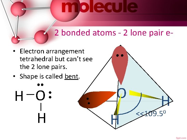 2 bonded atoms - 2 lone pair e • Electron arrangement tetrahedral but can’t