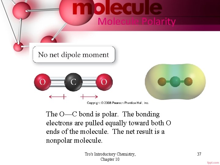 Molecule Polarity The O—C bond is polar. The bonding electrons are pulled equally toward