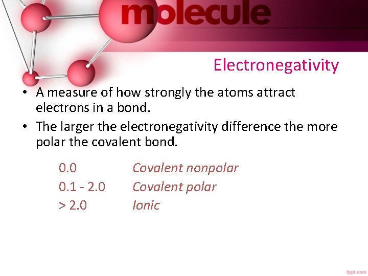 Electronegativity • A measure of how strongly the atoms attract electrons in a bond.