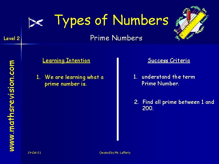 Types of Numbers Prime Numbers www. mathsrevision. com Level 2 Learning Intention Success Criteria