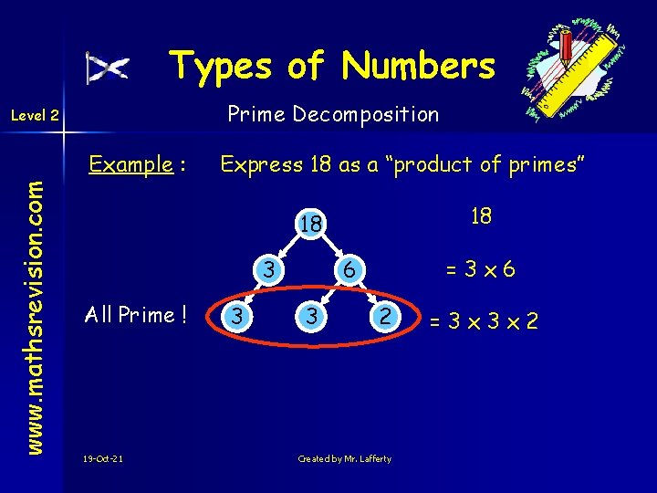 Types of Numbers Prime Decomposition Level 2 www. mathsrevision. com Example : Express 18