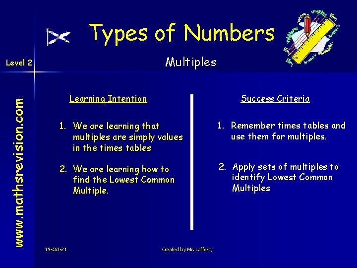 Types of Numbers Multiples www. mathsrevision. com Level 2 Learning Intention Success Criteria 1.