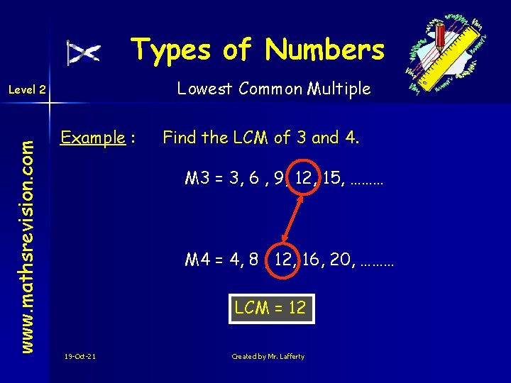 Types of Numbers Lowest Common Multiple www. mathsrevision. com Level 2 Example : Find