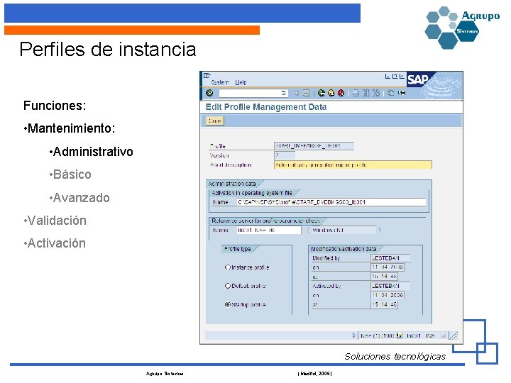 Perfiles de instancia Funciones: • Mantenimiento: • Administrativo • Básico • Avanzado • Validación