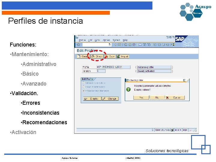 Perfiles de instancia Funciones: • Mantenimiento: • Administrativo • Básico • Avanzado • Validación.