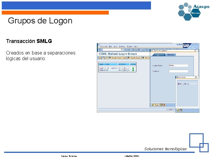 Grupos de Logon Transacción SMLG Creados en base a separaciones lógicas del usuario Soluciones