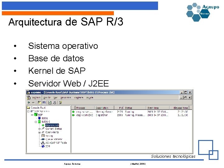 Arquitectura de SAP R/3 • • Sistema operativo Base de datos Kernel de SAP