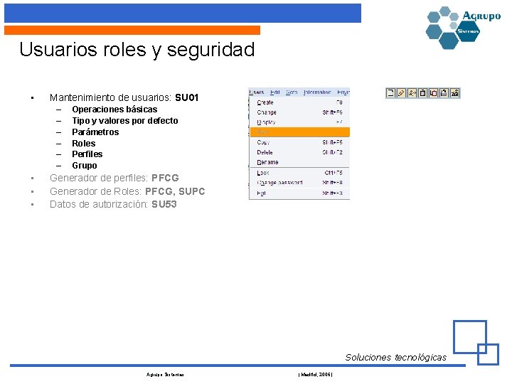 Usuarios roles y seguridad • Mantenimiento de usuarios: SU 01 – – – •