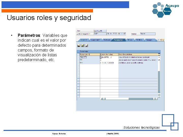 Usuarios roles y seguridad • Parámetros: Variables que indican cual es el valor por