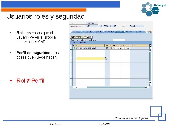 Usuarios roles y seguridad • Rol: Las cosas que el usuario ve en el
