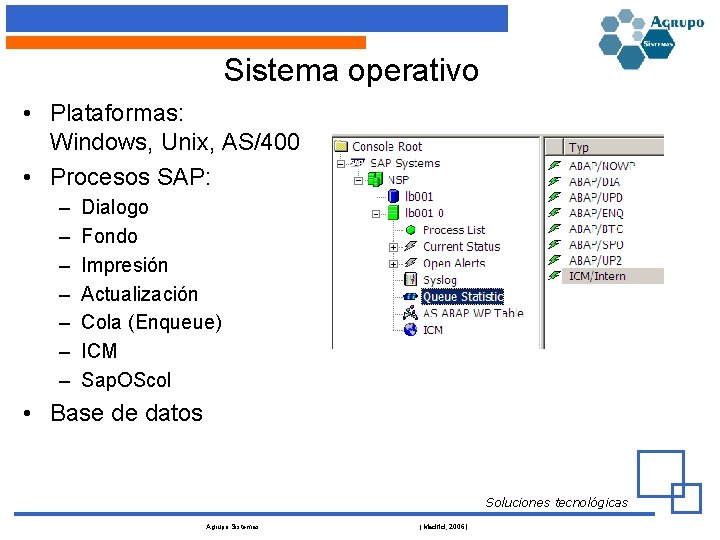 Sistema operativo • Plataformas: Windows, Unix, AS/400 • Procesos SAP: – – – –