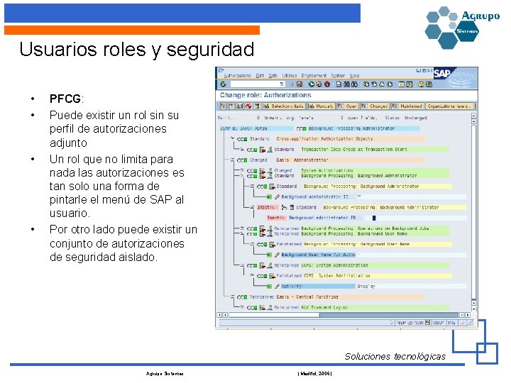 Usuarios roles y seguridad • • PFCG: Puede existir un rol sin su perfil