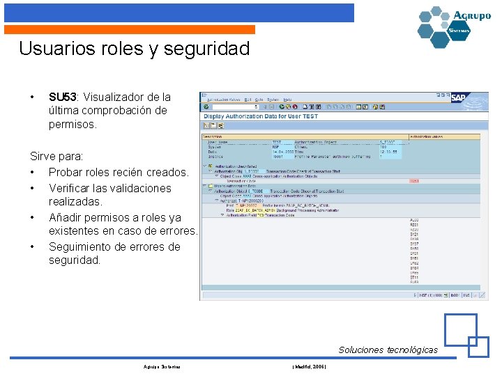 Usuarios roles y seguridad • SU 53: Visualizador de la última comprobación de permisos.