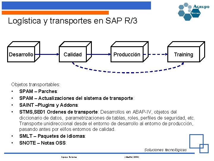 Logística y transportes en SAP R/3 Desarrollo Calidad Producción Training Objetos transportables: • SPAM